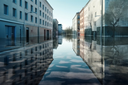 Flooded abandoned city, future world without people, post-apocalypse, effects of global warming and climate change concept. Generative AIの素材