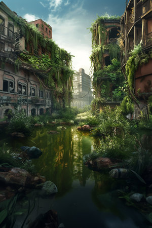 Flooded abandoned city, future world without people, post-apocalypse, effects of global warming and climate change concept. Generative AIの素材