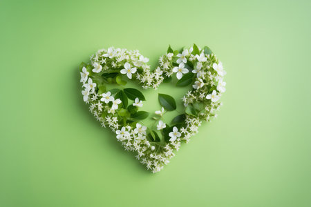 Valentine's day heart shaped natural tree branches with green fresh foliage and flowers banner postcard with empty space on green background. Generative AI.の素材