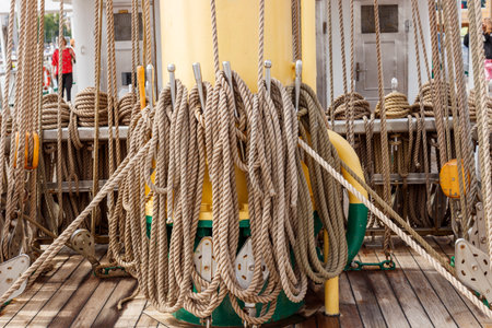 Neatly coiled ropes on the deck of a traditional sailing ship, resting on polished metallic pins....
