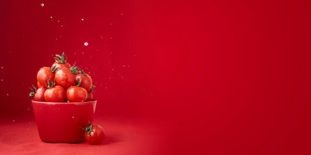 Creative food concept. Tomatoes pattern. Red ripe juicy cherry tomatoes in red bowl with water drops on red background. Healthy fresh vegan organic food, vegetable, summer, harvesting with copy spaceの写真素材