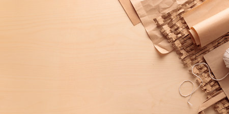 Eco-friendly packaging cushioning materials made of recycled paper for environmental protection, zero waste concept of sustainable consumption and environment protection on a wooden background with copy spaceの写真素材