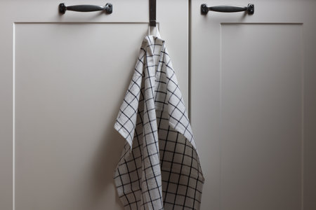 A minimalistic white kitchen cabinet beneath the sink holds a dish rag or towels, blending style with functionality and keeping essentials within easy reachの写真素材