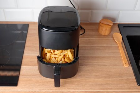 Trendy kitchen gadget air fryer machine cooking deep-fried potato. Lifestyle of new cooking, small countertop convection oven, deep fast frying oil free, more healthy way to cook deep-fried foodの写真素材
