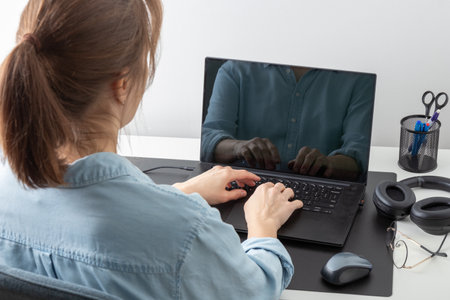 A woman typing on the keyboard using laptop, looking at PC screen, remote hardworking freelancer works from home.の写真素材
