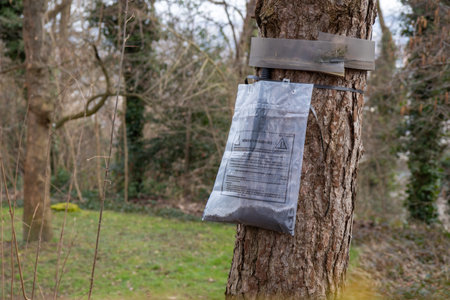 Ecological trap for processionary caterpillars on pine trunk in France - Collar around a pine tree to protect trees from insects reaching the ground trapping them in the plastic bags.の写真素材