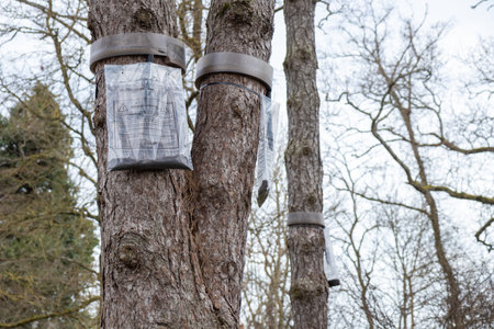 Ecological trap for processionary caterpillars on pine trunk in France - Collar around a pine tree...
