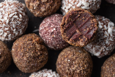 Assortment of gourmet handcrafted vegan chocolate truffle candies on dark background from premium...