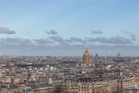 Paris city panorama with Les Invalides, the aerial view from the Eiffel tower in soft evening light in early springの写真素材