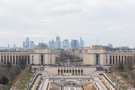 Paris city panorama with Trocadero Place, aerial view from the Eiffel tower in early springの写真素材