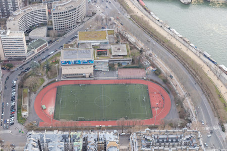 Paris city panorama with Emile Anthoine Stadium, the aerial view in early spring.の写真素材