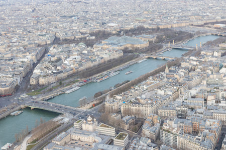 Paris city panorama with Seine, bridge of Alexander 3, the aerial view from the Eiffel tower in soft evening lightの写真素材