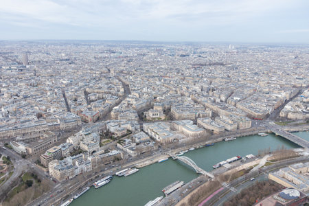 Paris city panorama with Pont Debilly Footbridge, the aerial view from the Eiffel tower in early spring.の写真素材