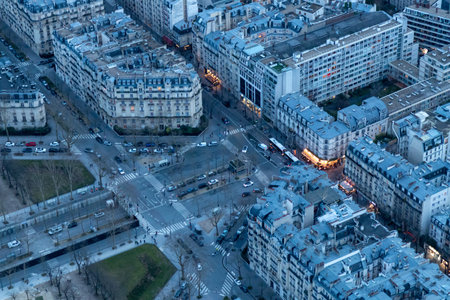 Paris city panorama, the aerial view from the Eiffel tower in soft evening light to the streets and cafes.の写真素材