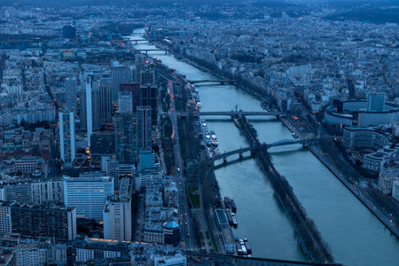 Paris city panorama with river Seine and bridges, the aerial view in soft evening lightの写真素材