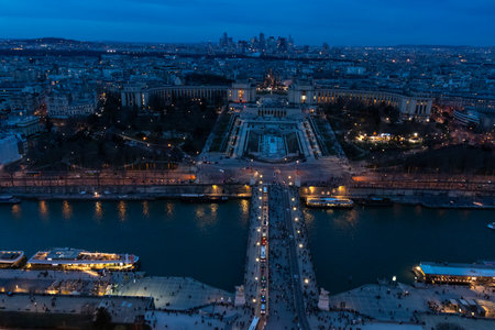 Paris city panorama with Pont d'Iena, Trocadero, Museum of Humanity, museum of architecture and monumental sculpture the aerial view from the Eiffel tower in evening lightsの写真素材