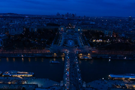 Paris city panorama with Pont d'Iena, Trocadero, the aerial view from the Eiffel tower in evening lightsの写真素材