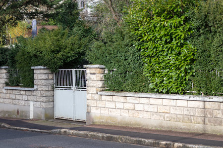 Metal gate and door with green trimmed bush hedge with stone basement and empty sidewalk in the city, horizontal backgroundの写真素材