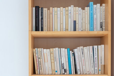 Paris, France - March 1st, 2025 - Many neatly arranged books in French language on the wooden shelf...