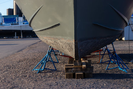 Boat stored out of the water for the winter, winter storage for the sailboat in Finland, Suomenoja, winterizing , short season in Northern country, cold conditionsの写真素材