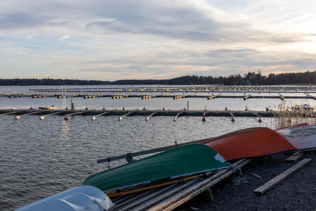 Sea marina in spring, finger piers in a calm sea, empty marina harbor , start of sailing season in Finland, Suomenojaの写真素材