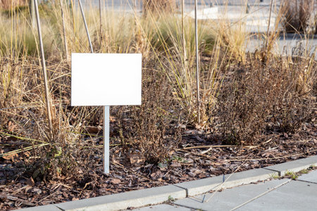A blank mock-up sign placed near spring bushes. Ideal for showcasing custom messages, garden signage, or eco-friendly branding in a natural outdoor settingの写真素材