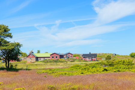 Scenic view of a Finnish fishing village. Traditional wooden houses, boathouses, piers, and peaceful coastal landscape in northern countrysideの写真素材