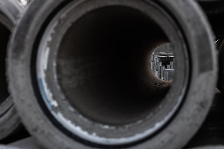 Concrete pipes stacked and prepared for sewer construction. Industrial construction site showing materials for drainage and urban infrastructure developmentの写真素材