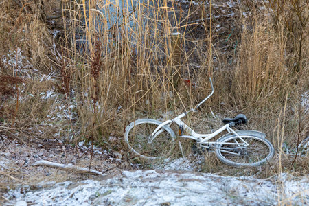 A stolen bicycle found abandoned in a ditch. The damaged bike lies in grass and mud, showing signs of vandalism and neglect in an outdoor environment, Finland, Espooの写真素材
