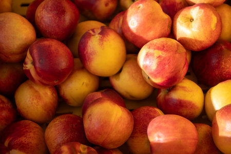 Pile of fresh collection of nectarines at a street market, showcasing vibrant healthy food, and fresh produce, perfect for culinary, grocery, and outdoor market scenesの写真素材