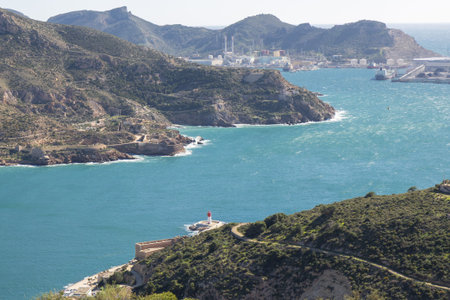 The coastal landscape of Spain, featuring the town of Cartagena, with its historic fortifications...