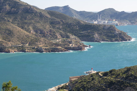 The coastal landscape of Spain, featuring the town of Cartagena, with its historic fortifications...