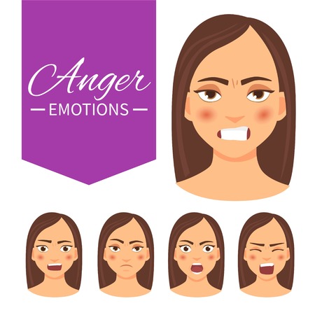 Set of young woman with different emotions. Angry.のイラスト素材