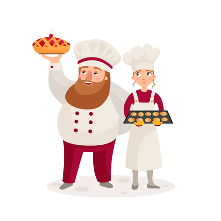 Illustration of bakers. A man with a beard represents a freshly baked pie. A girl holding a tray with cookiesのイラスト素材