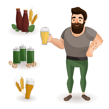 Illustration of a man with a beer. Beer in a bottle, hops, malt, pretzels, beer mugのイラスト素材