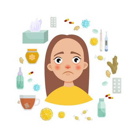 Infographics of flu. Cute sick girl. Treatment of coldsのイラスト素材