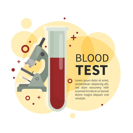 Infographics blood test. A test tube with blood and a microscope. Medical research.のイラスト素材