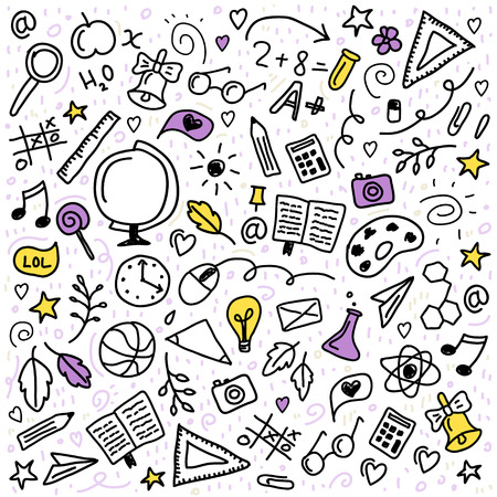 Cute seamless pattern with school supplies and creative elements. Back to school background.のイラスト素材