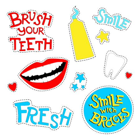 Vector patch badges with mouth, tooth, toothpaste and 
motivational phrasesのイラスト素材