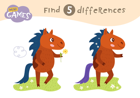 Find differences, education game for children, The horse is in the meadow. Animals on the farmのイラスト素材