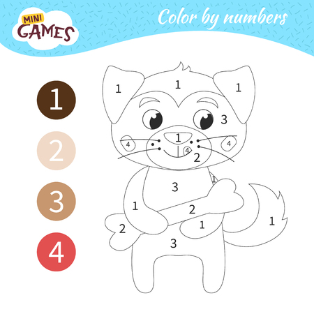 Coloring book for children. Coloring by numbers. Cute kitten with fish.のイラスト素材