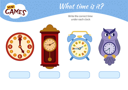 Telling time worksheet. write the time shown on the clock. Cartoon clock.のイラスト素材