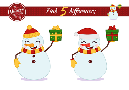 Find differences.  Educational game for children. Cartoon vector illustration. Christmas collection. Ð¡artoon snowman holding a gift.
のイラスト素材
