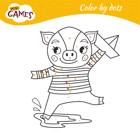 Coloring book for children. Cute cartoon pig runs a paper boat. Spring.のイラスト素材