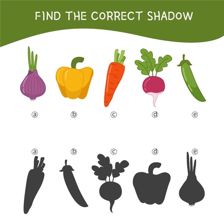 Educational  game for children. Find the right shadow. Kids activity with cartoon vegetables.のイラスト素材