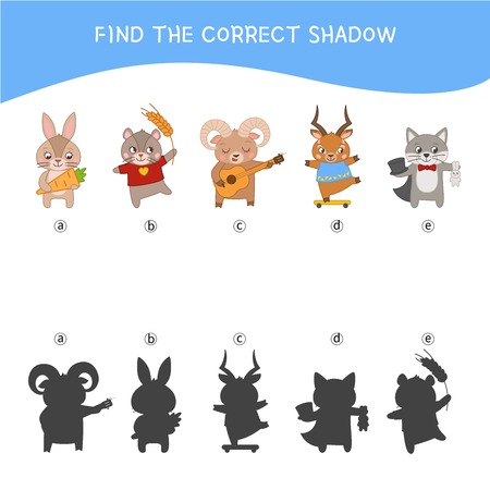 Educational  game for children. Find the right shadow. Kids activity with cartoon animals.のイラスト素材