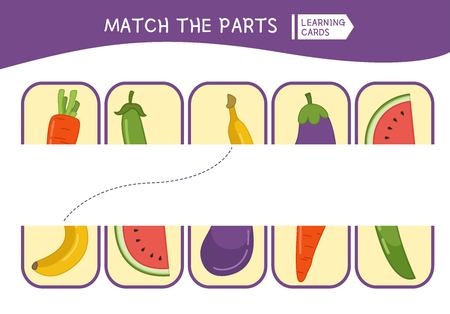 Matching children educational game. Match parts of cartoon vegetables. Activity for pre shool years kids and toddlers.のイラスト素材