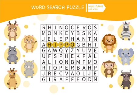 Educational game for kids. Word search puzzle with cute african animals. Kids activity sheet,のイラスト素材