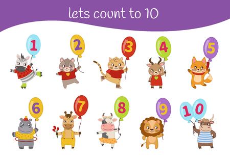 Kids learning material. Card for learning numbers. Number 1-10. Cartoon cute animals.のイラスト素材