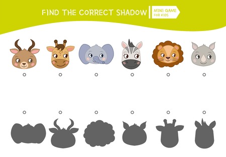 Educational  game for children. Find the right shadow. Kids activity with cartoon head of animals.のイラスト素材